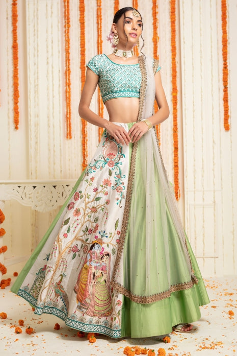 Radha Krishna Lehenga Set Light Green and Off White