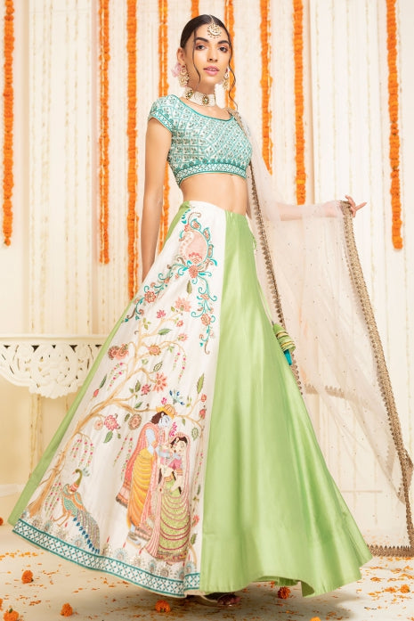 Radha Krishna Lehenga Set Light Green and Off White