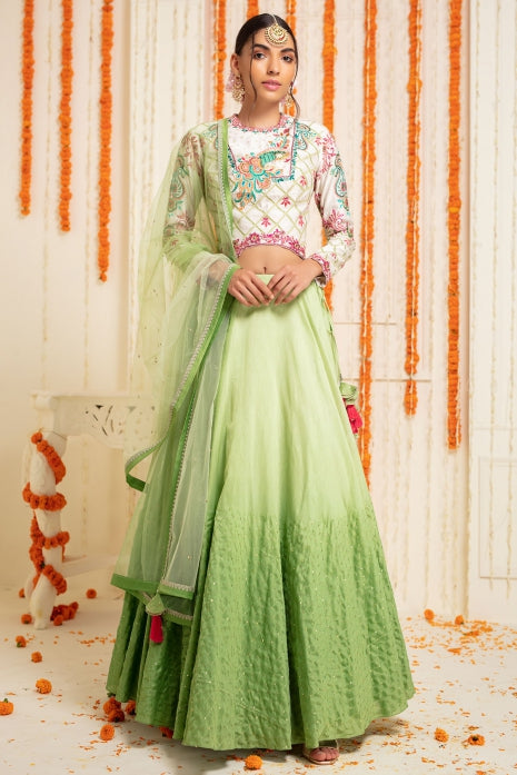 Green Ombre Lehenga Set Olive Green Ombre and Off White