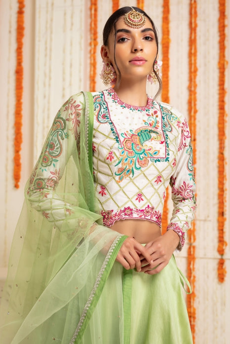 Green Ombre Lehenga Set Olive Green Ombre and Off White