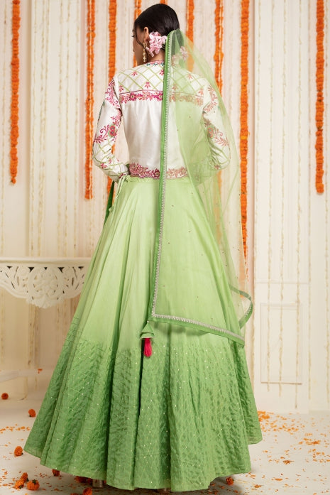 Green Ombre Lehenga Set Olive Green Ombre and Off White