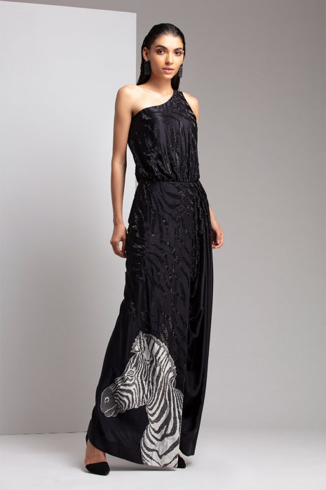 Black Zebra Face Drape Dress Black