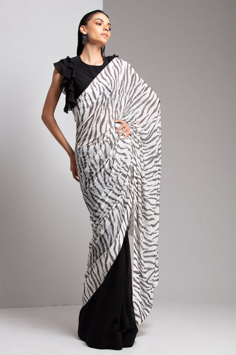 Black & White Zebra Texture Saree with Blouse Black and White