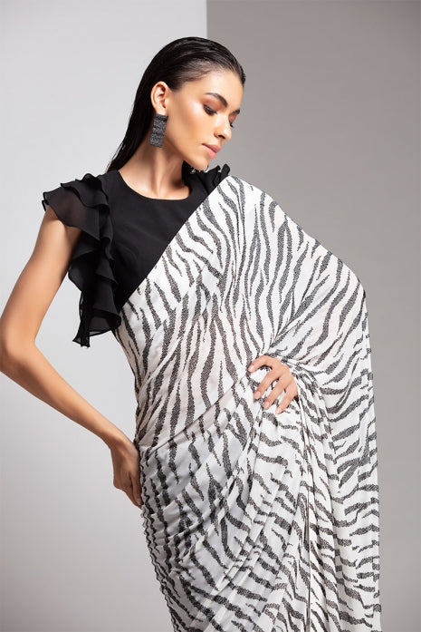 Black & White Zebra Texture Saree with Blouse Black and White