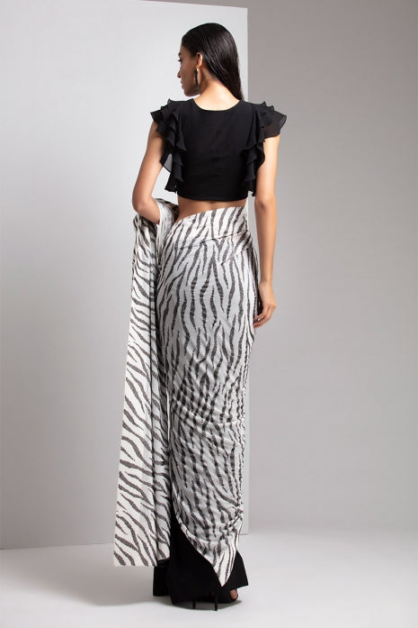 Black & White Zebra Texture Saree with Blouse Black and White