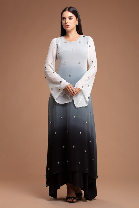 Sehar Tunic Set Black to Off White Ombre