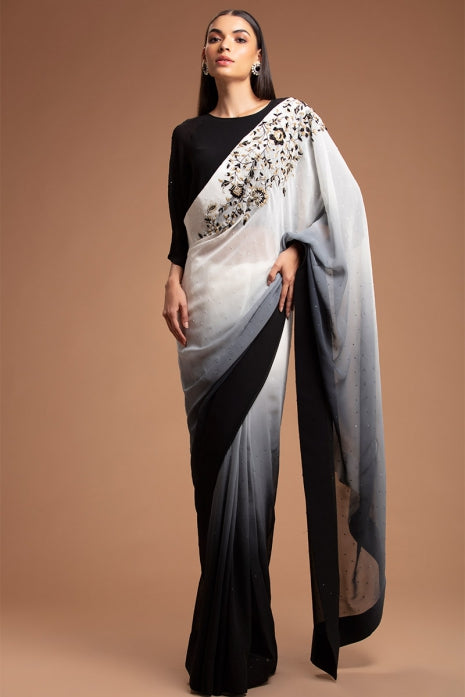 Kashish Saree Black to Off White Ombre and Black