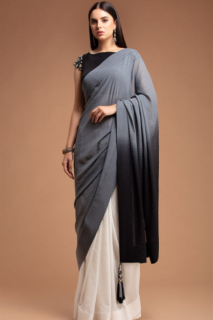 Falak Saree Black to Off White Ombre and Black