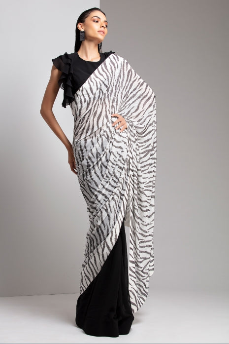 Georgette Zebra Texture Saree Black and White