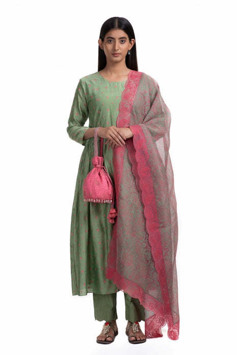 Amodini Kurta Set Olive Green and Pink