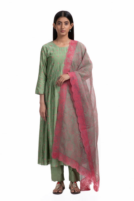 Amodini Kurta Set Olive Green and Pink