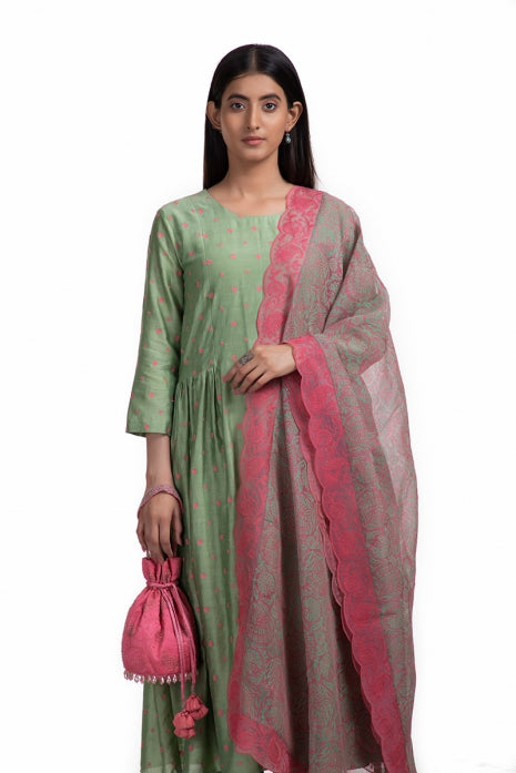 Amodini Kurta Set Olive Green and Pink