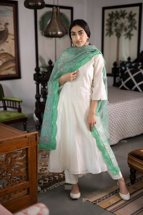 Dhruvi Kurta Set Off White and Green