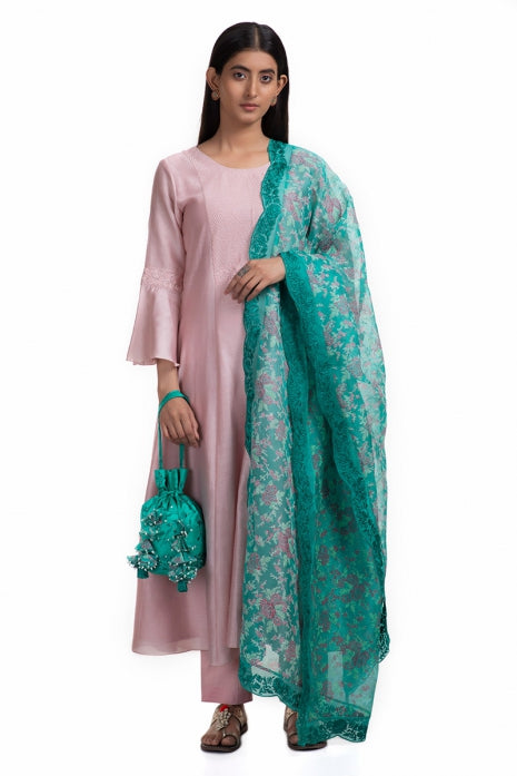 Bhuvi Kurta Set Pale Pink and Bottle Green