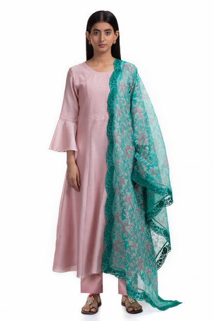 Bhuvi Kurta Set Pale Pink and Bottle Green