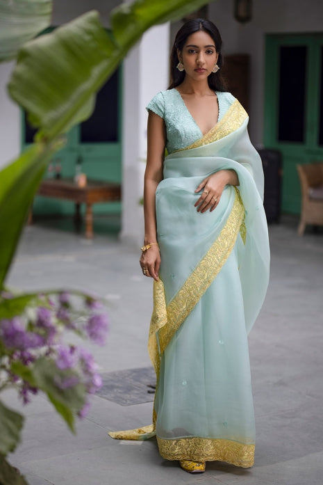 Aarya Saree Aqua and Yellow