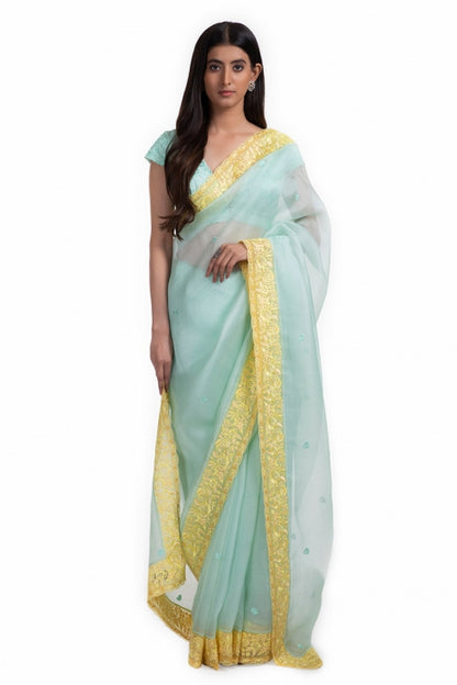 Aarya Saree Aqua and Yellow