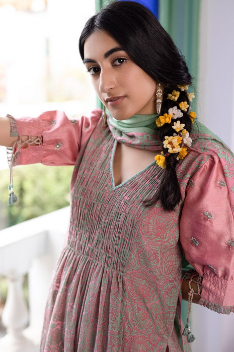 Raadhya Kurta Set Rose Pink and Olive Green