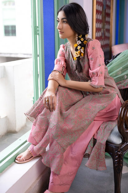 Raadhya Kurta Set Rose Pink and Olive Green