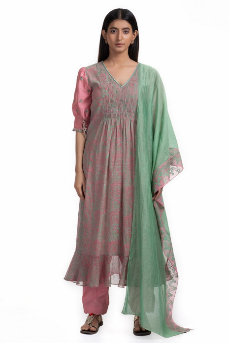 Raadhya Kurta Set Rose Pink and Olive Green