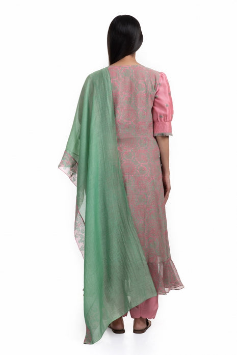 Raadhya Kurta Set Rose Pink and Olive Green