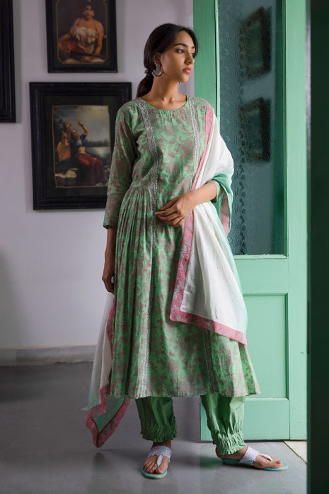 Heer Kurta Set Green and Off White