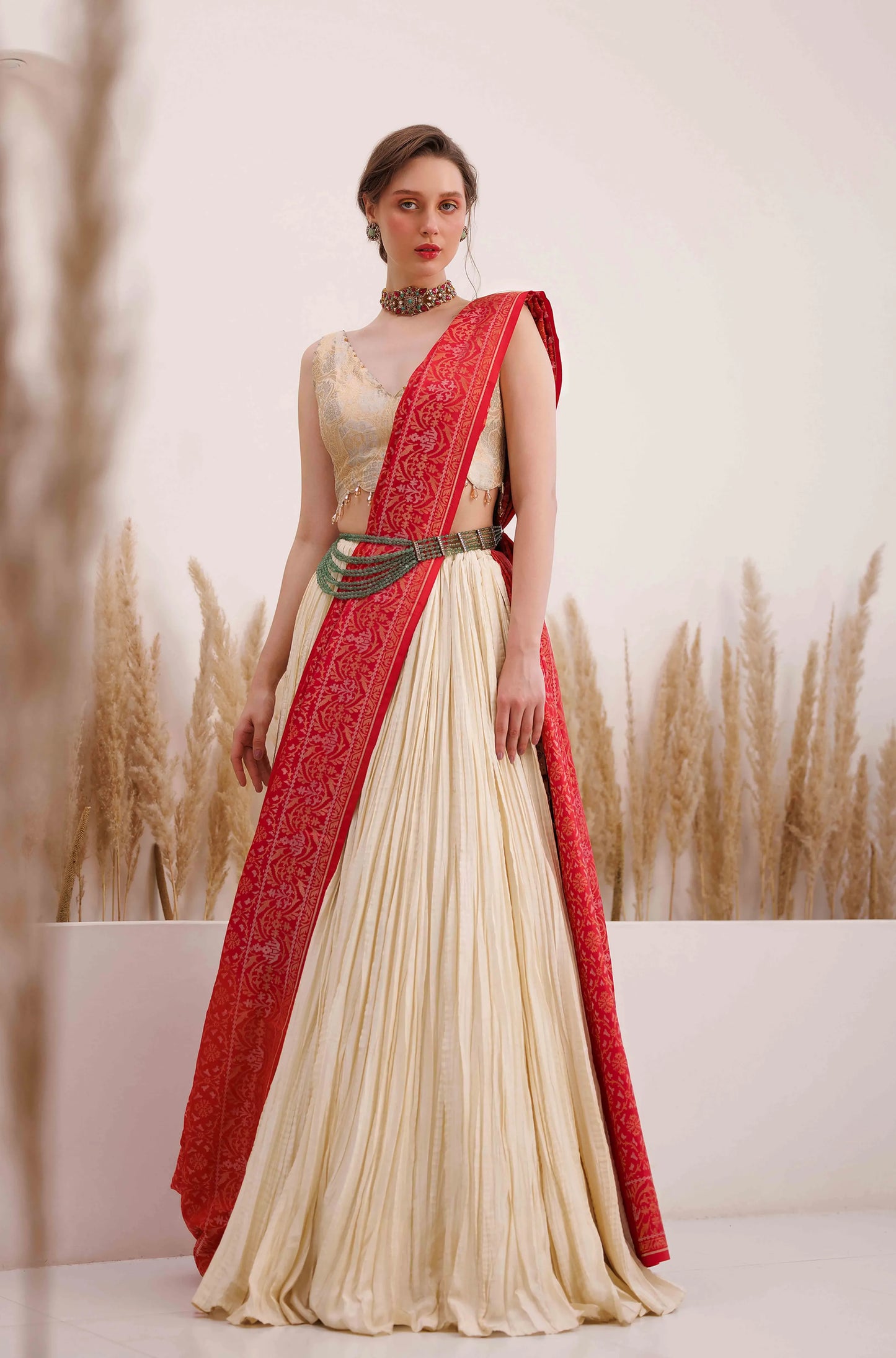 Aabida Saree Red and Cream