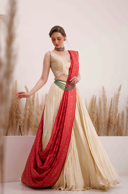 Aabida Saree Red and Cream