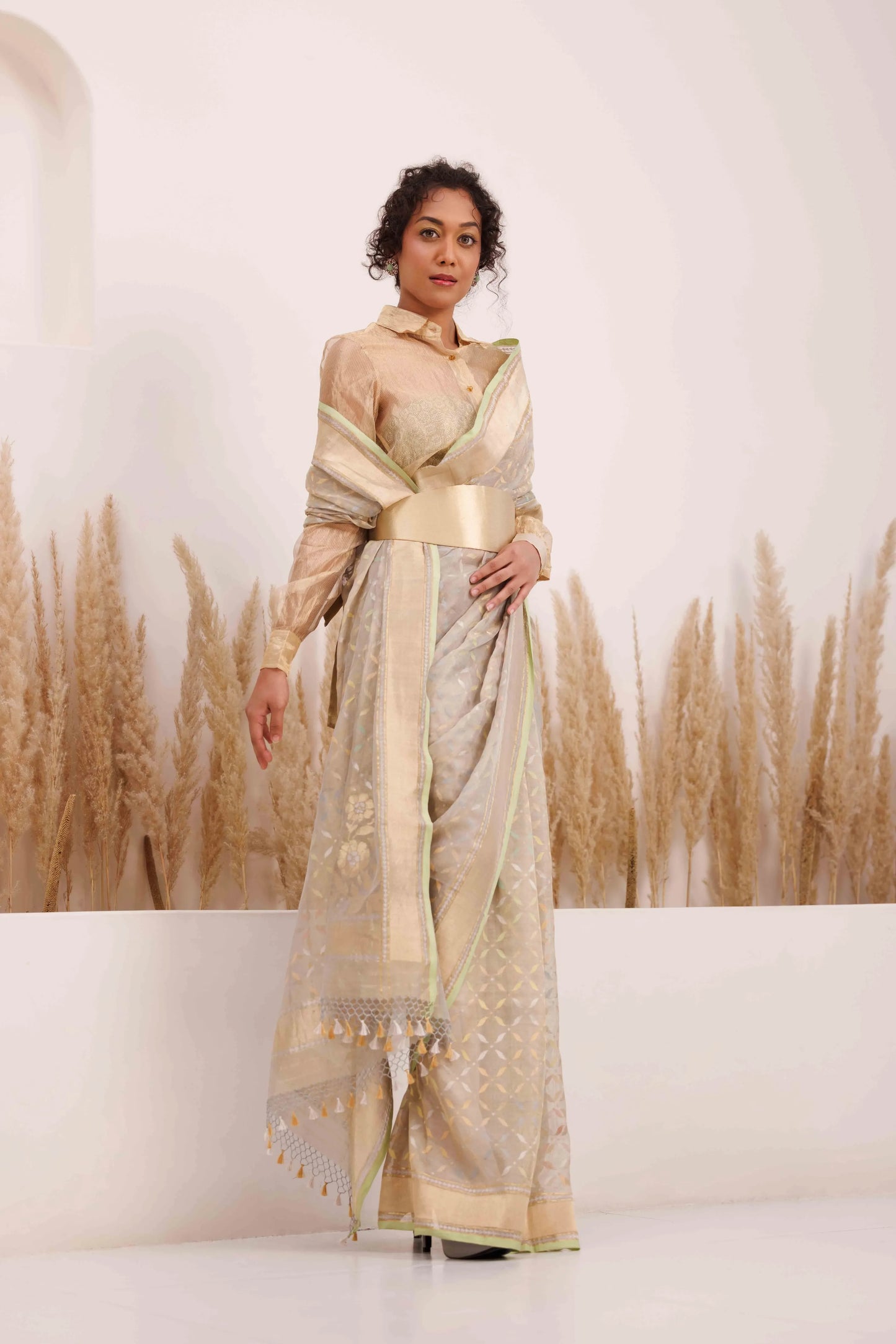 Chandra Saree Grey Green and Gold