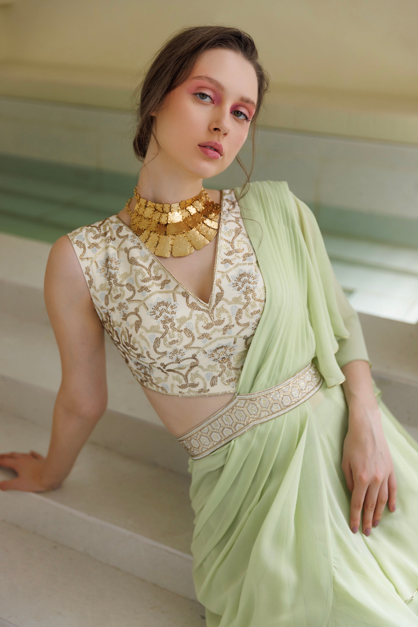 Creme de mint Saree Pistachio