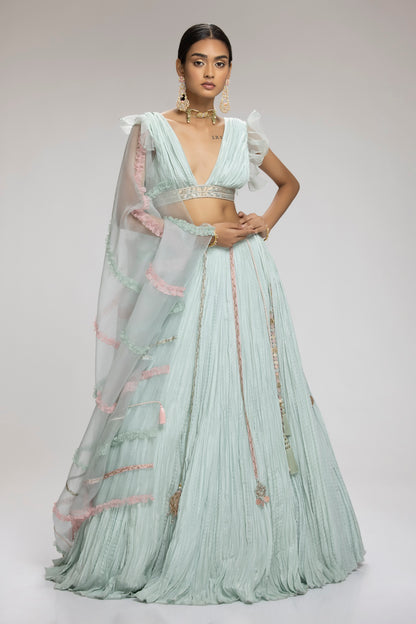 Azure Crinkled Lehenga Set Mint