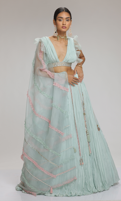 Azure Crinkled Lehenga Set Mint